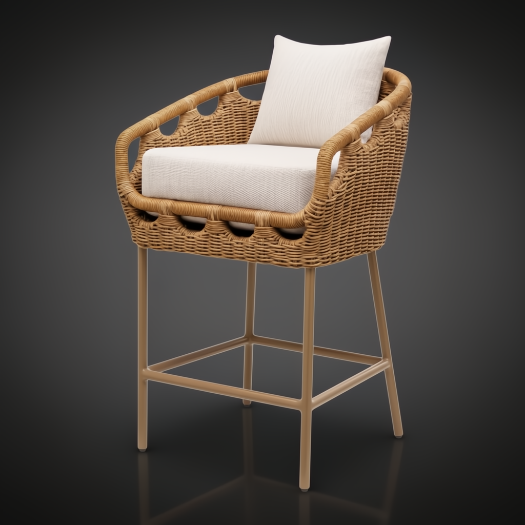 Woven rattan counter stool with light beige cushions and a sturdy aluminum frame.