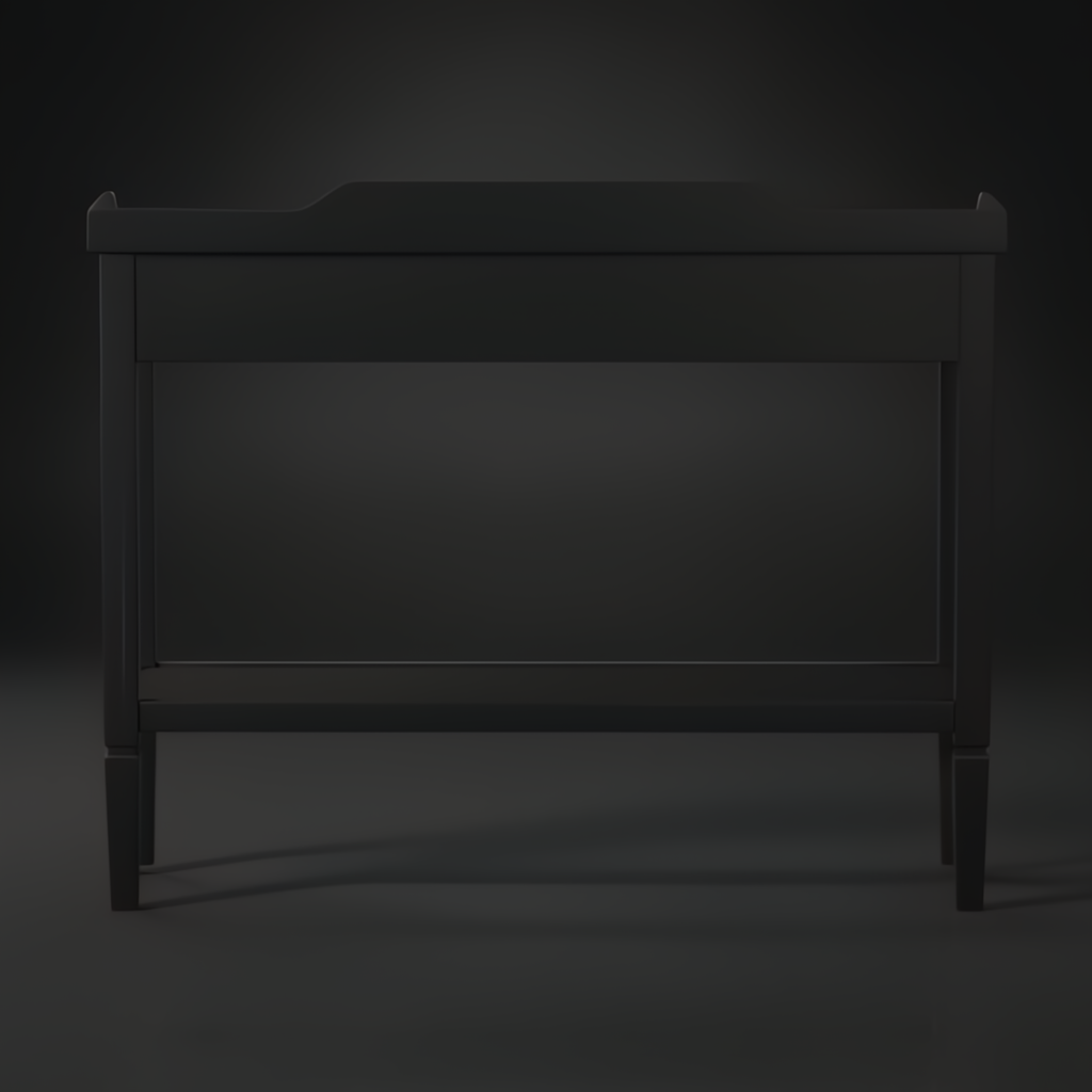 Black Surya Doheny console table with gallery top, soft-close drawer, and shallow tray shelf.