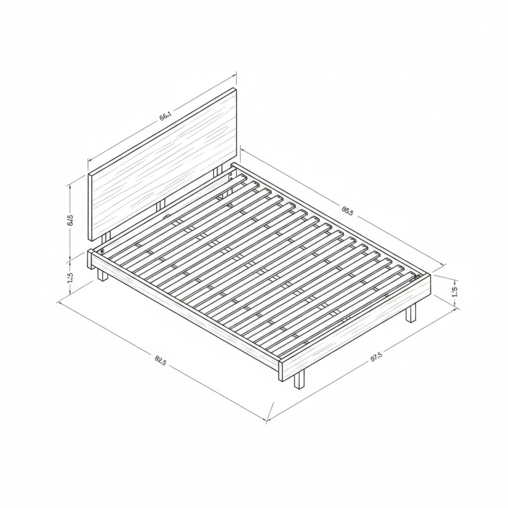 Technical drawing of the Grande King/CA King wood bed, showing its minimalist design and dimensions.