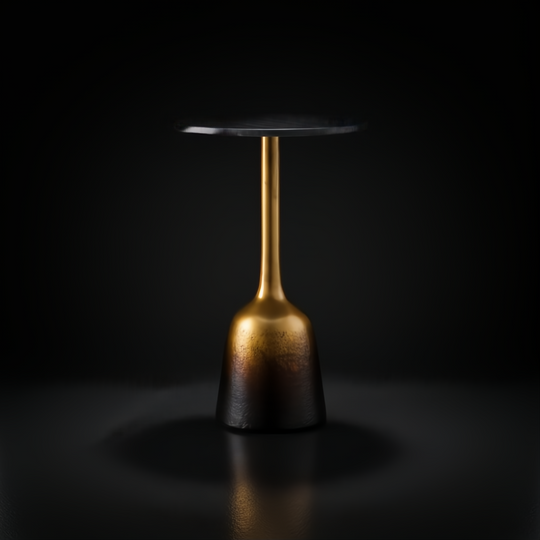 Surya Alva end table with a black marble top and metallic bronze iron base with an ombre finish.