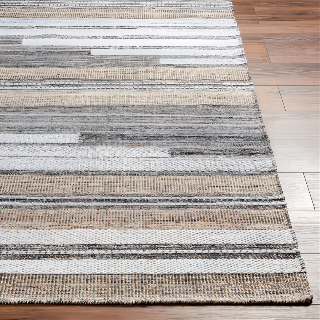 Hand-woven Surya Azalea AZA-2334 rug with contemporary gray, white, and beige striped recycled PET yarn.