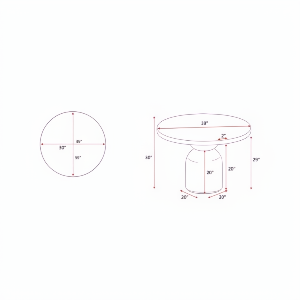 Diagram of Surya Koben Dining Table dimensions: 30"H x 39"W x 39"D, showing top and side views.