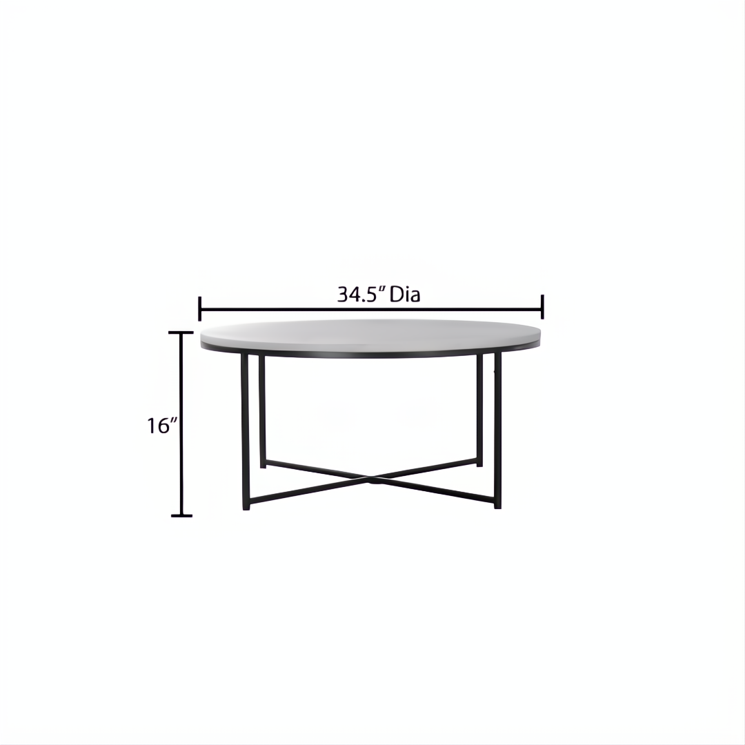Surya Anastasia round coffee table with white natural marble top and black matte iron base, 16" H x 34.5" Dia.