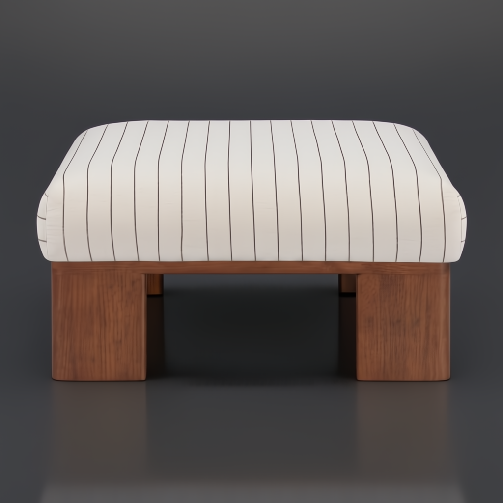 Surya Lunara Ottoman with a cream polyester cover, brown vertical stripes, and a brown stained rubber wood base.