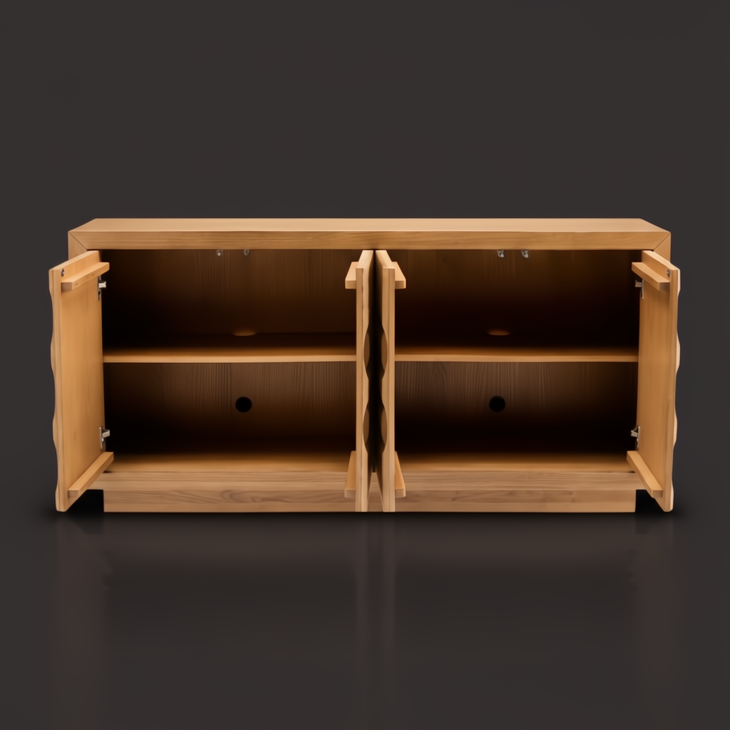 Surya Lulea Cabinet, beige natural ash wood veneer with 3D patterned doors open, showing adjustable shelves.