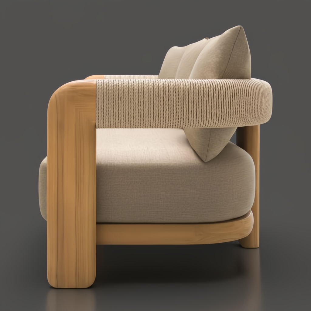 Surya Palma Sofa: Outdoor sofa with natural teak wood frame, PE rope-wrapped arms, and beige Sunbrella cushions.