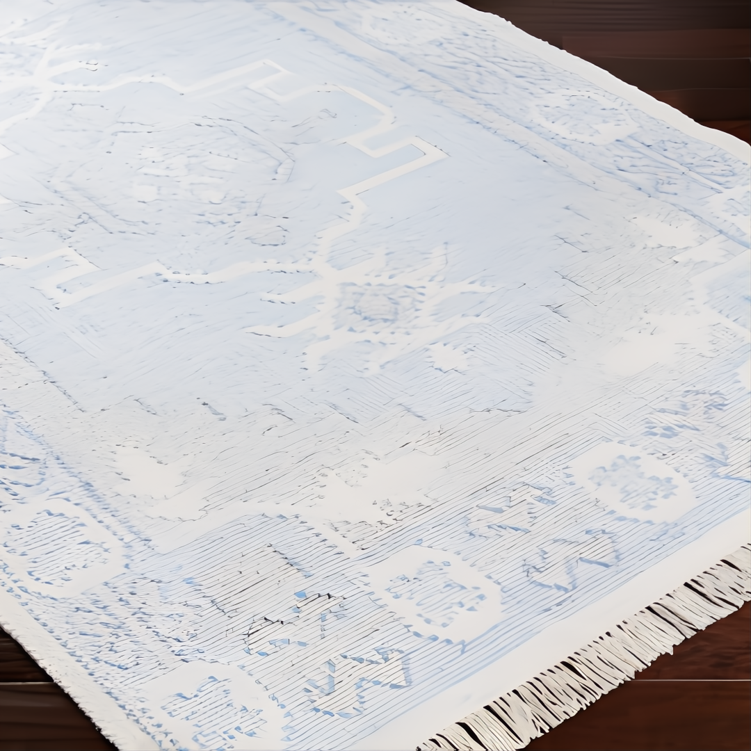 Light blue and white Surya Burano flatwoven rug with distressed pattern and fringe, made from recycled PET yarn.
