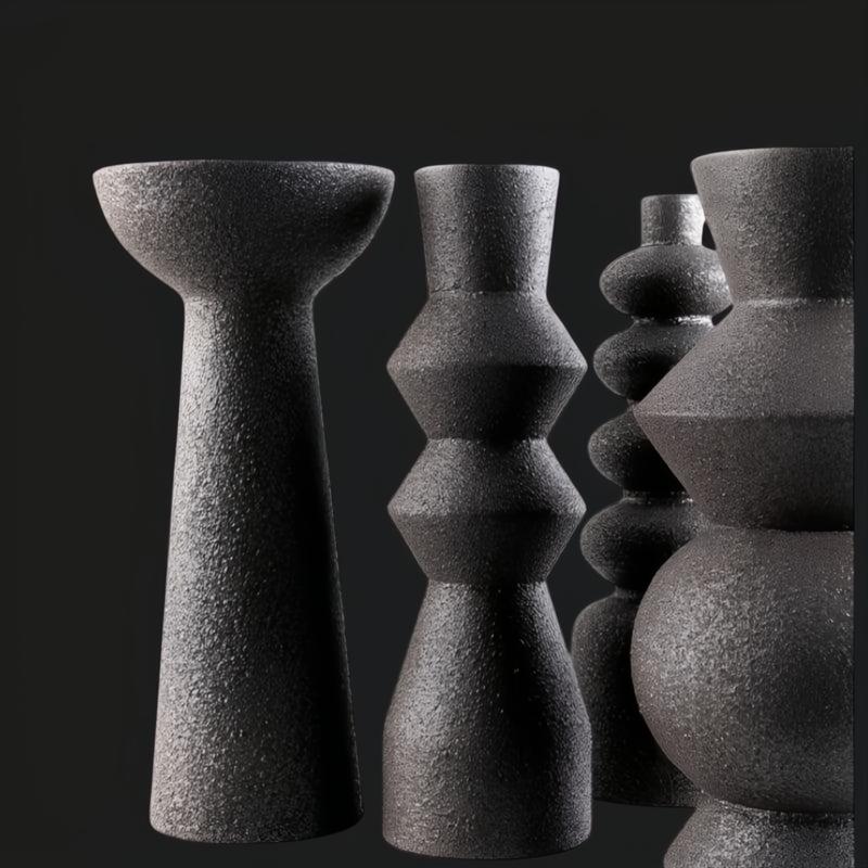 Surya Konark KNK-001 black ceramic vase set, 5 global-inspired decorative accents with varied shapes.