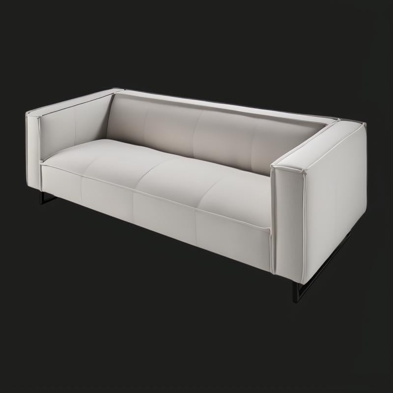 Light gray linen Surya Dylan sofa with a modern silhouette and black painted iron base.