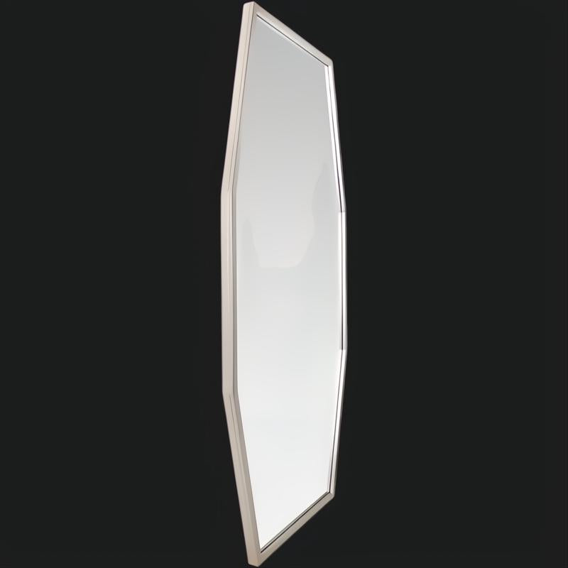 Elongated modern wall mirror with a sleek beveled glass and gilded metallic silver iron frame.