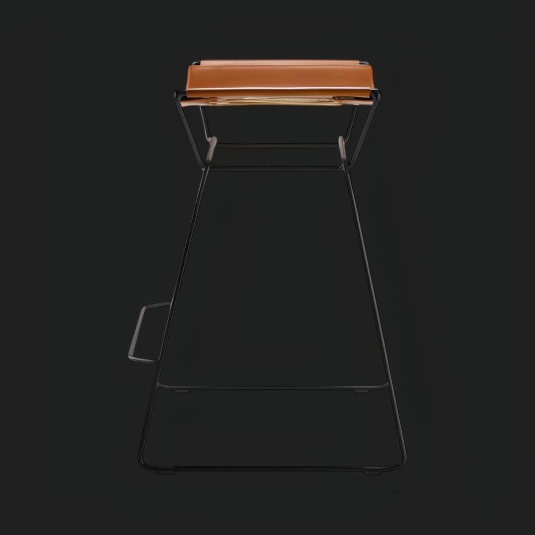 Surya Celerio 25"H counter stool with brown lacquered leather top and gray powder-coated iron base.