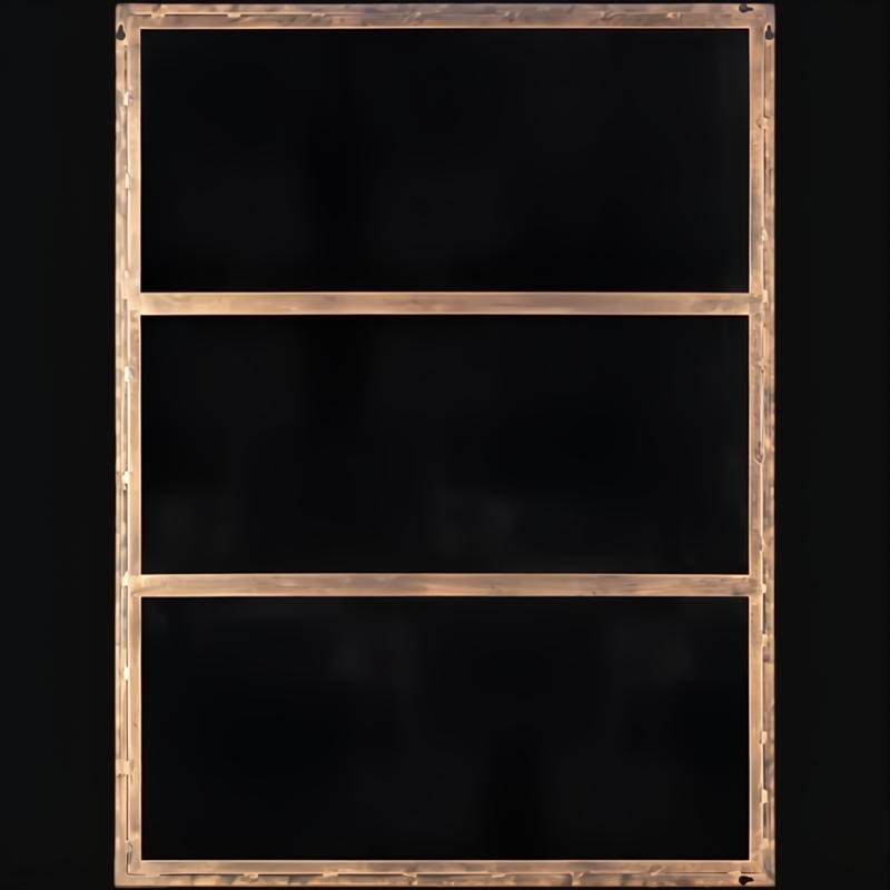 Rectangular Surya Alchemist wall decor with a hammered gold iron frame and three black panels.