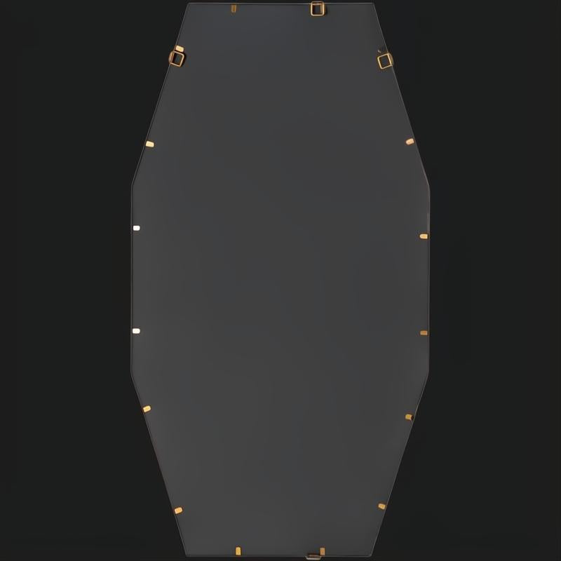 Back of a rectangular wall mirror with an antiqued gold iron frame and beveled glass.