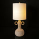 Surya Brava accent table lamp with a textured beige base, two ring handles, and a white fabric shade.