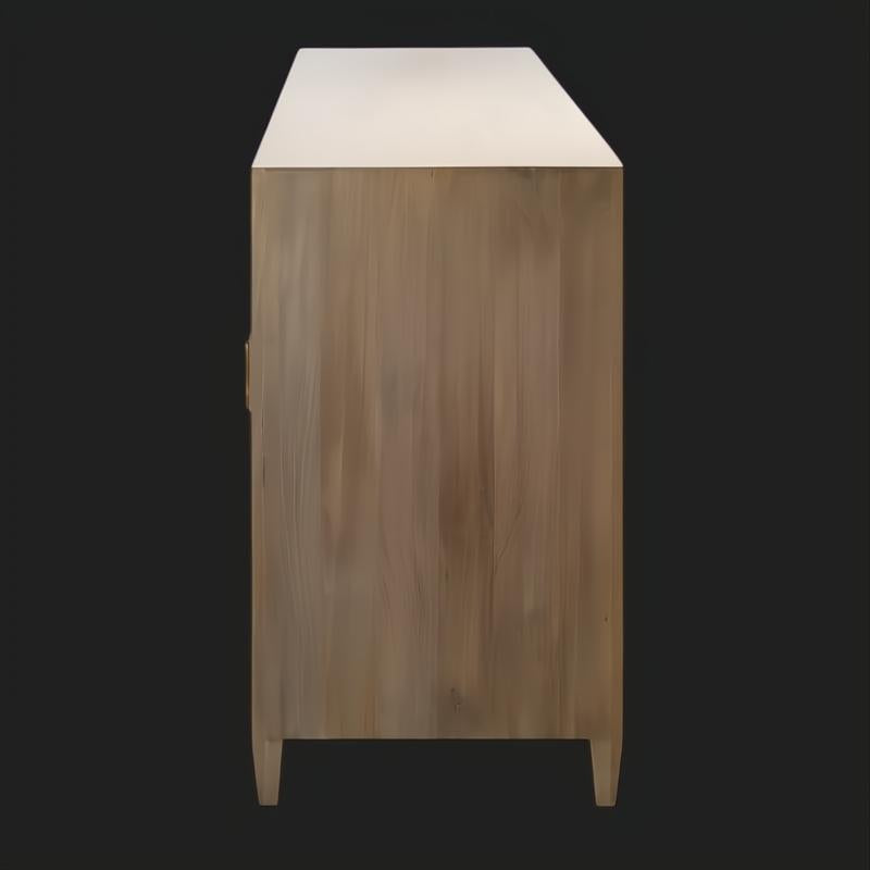 Modern Surya Etewah sideboard, light brown mango wood with subtle grain, on a dark background.