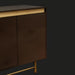 Scandinavian modern Molander sideboard with brown stained oak veneer top and metallic brass steel base.