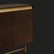 Scandinavian modern Molander sideboard with brown stained oak veneer top and metallic brass steel base.