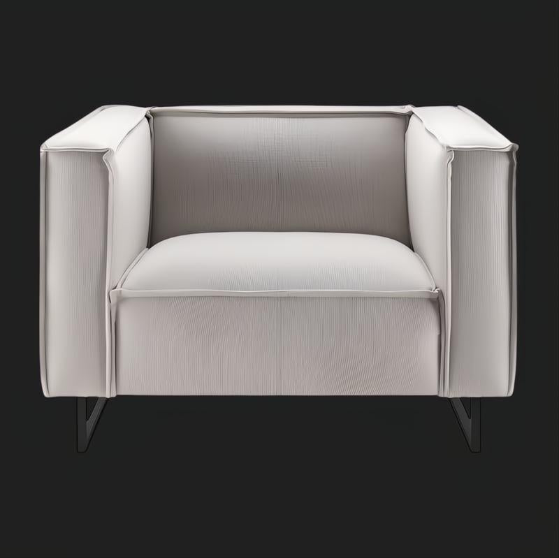 Modern Surya Dylan accent chair with light gray linen upholstery and black iron base.