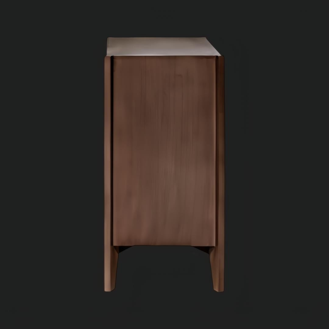 Side view of a compact brown lacquered mango wood Surya Ronan cabinet with a modern, minimalist design.