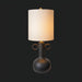 Traditional black ceramic accent table lamp with a white linen shade and decorative handles.