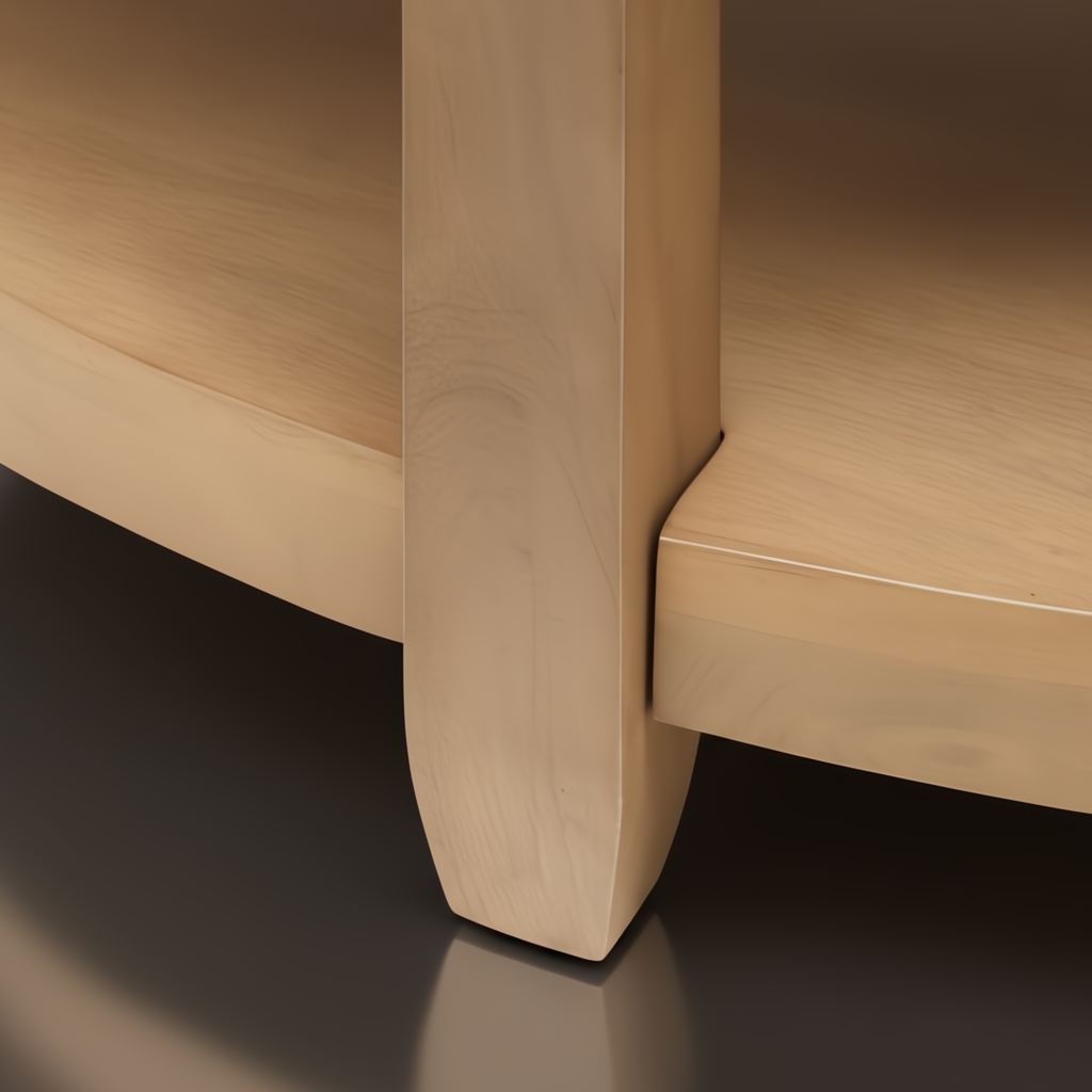 Close-up of Surya Rosemary end table leg and shelf, showing natural mango wood finish.