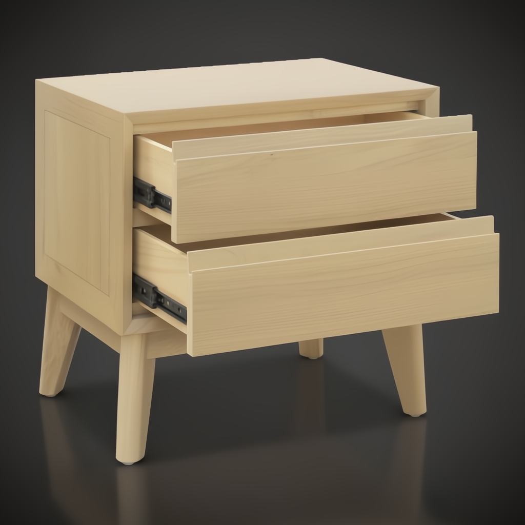 Light brown oak veneer nightstand with two open drawers and tapered legs.