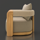 Surya Palma Swivel Chair with natural teak wood frame, woven rope arms, and beige Sunbrella cushions.