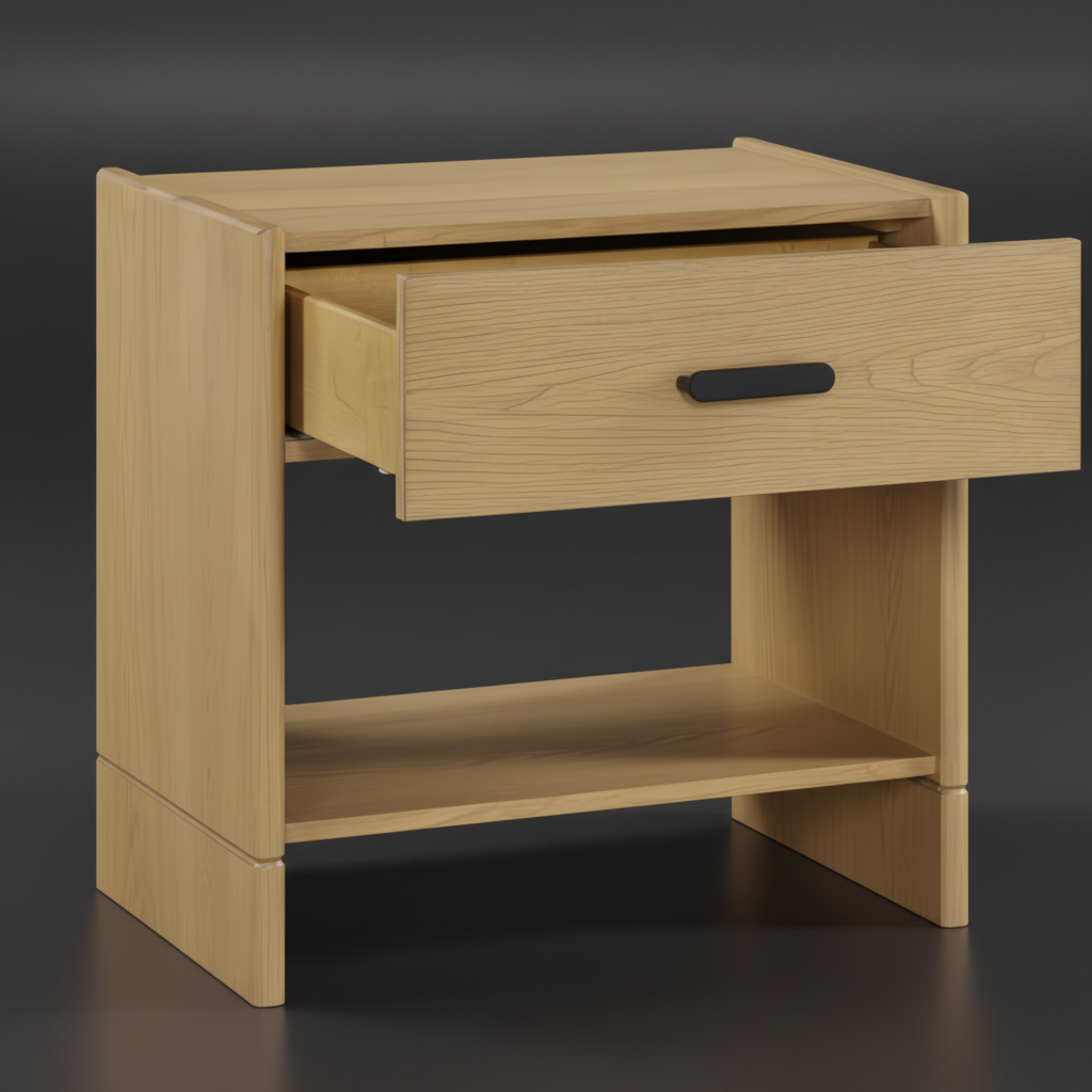 Bodo Nightstand: Modern oak nightstand with an open drawer and black pull, featuring an open lower shelf.