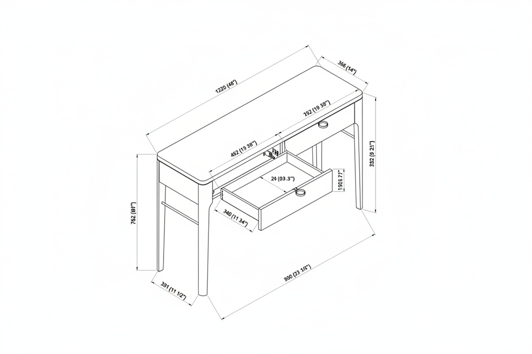 Technical drawing of Surya Anello Console Table, 48"W x 14"D, with open drawer and dimensions.