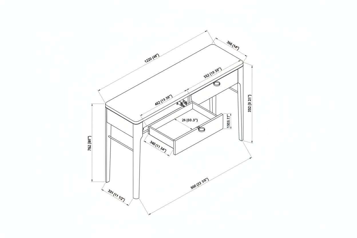Technical drawing of Surya Anello Console Table, 48"W x 14"D, with open drawer and dimensions.
