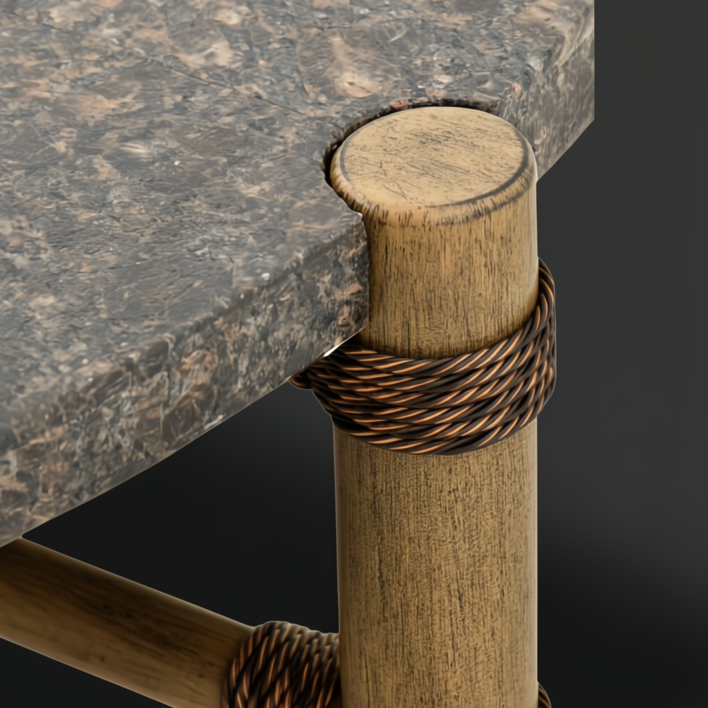 Charcoal matte stone top outdoor coffee table with brown hand-painted aluminum base and PE rope detail.