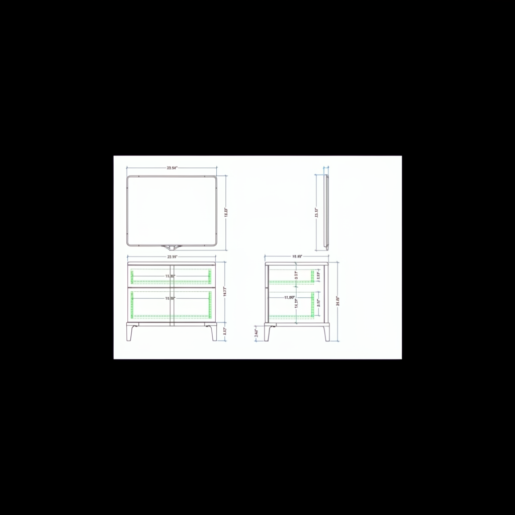Grande Nightstand technical drawing with top, front, side, and internal dimensions.