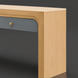 Surya Helene console table with brown lacquered oak veneer, blue resin grasscloth drawer, and brass knob.