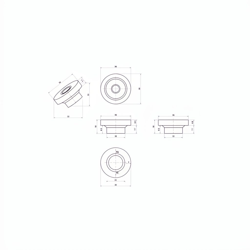 Technical drawing of a round knob, showing multiple views with dimensions in millimeters.