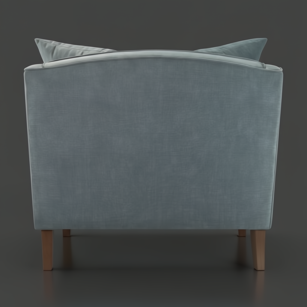 Surya Maywood accent chair, teal polyester upholstery, dark brown rubber wood base, back view.