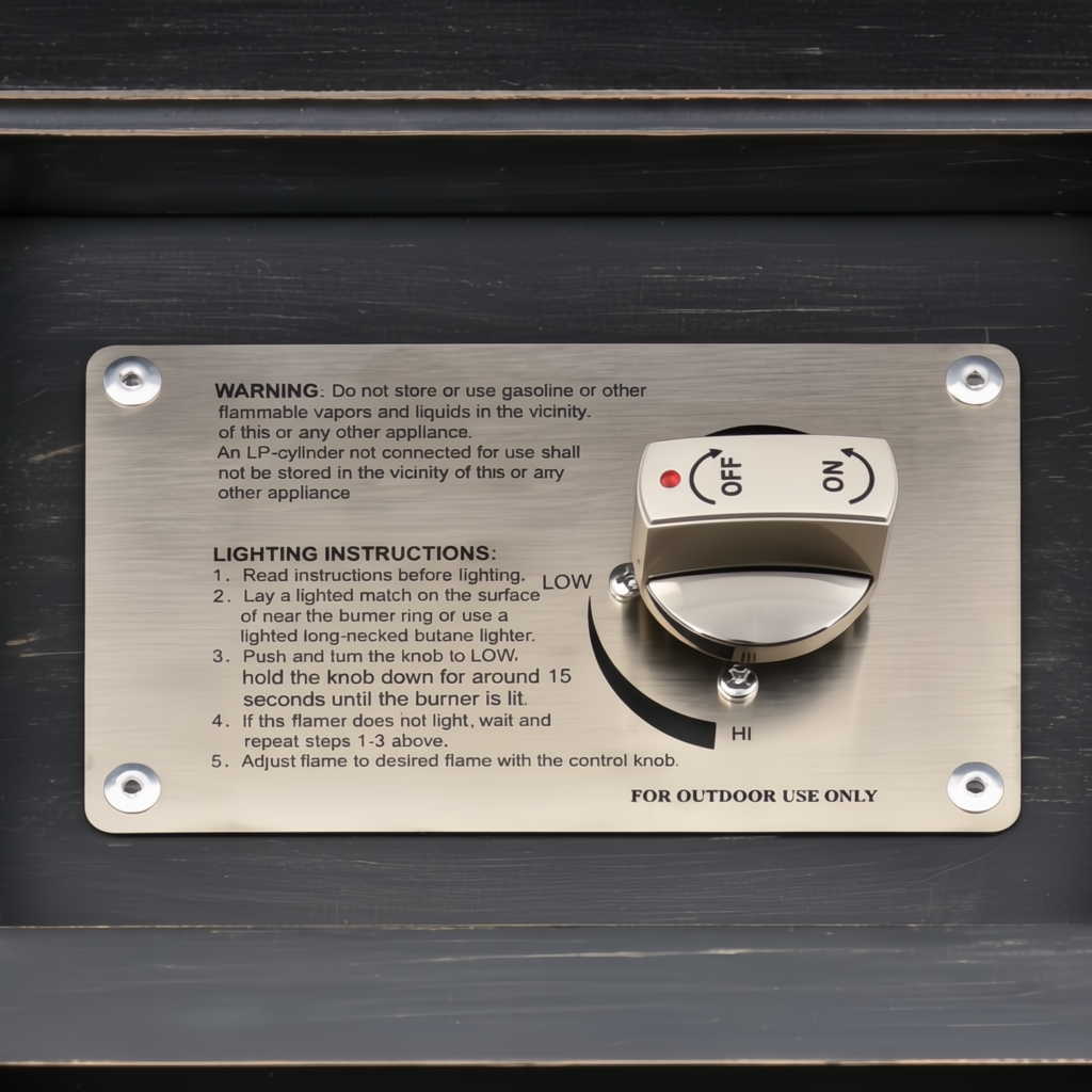 Close-up of a black hand-painted aluminum fire table's silver control panel with lighting instructions and an "OFF" to "HI" knob.