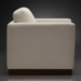 Beige polyester upholstered swivel chair with structured silhouette, squared arms, and a dark brown base.