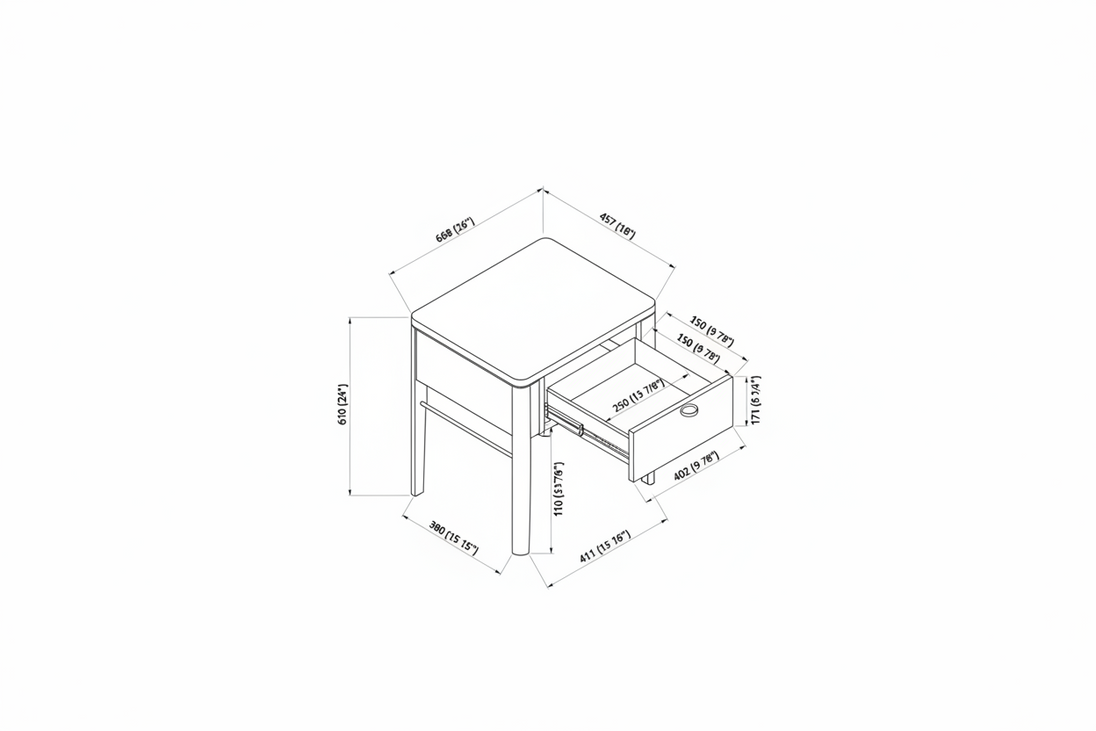 Technical drawing of the Surya Anello End Table, showing dimensions and an open drawer.