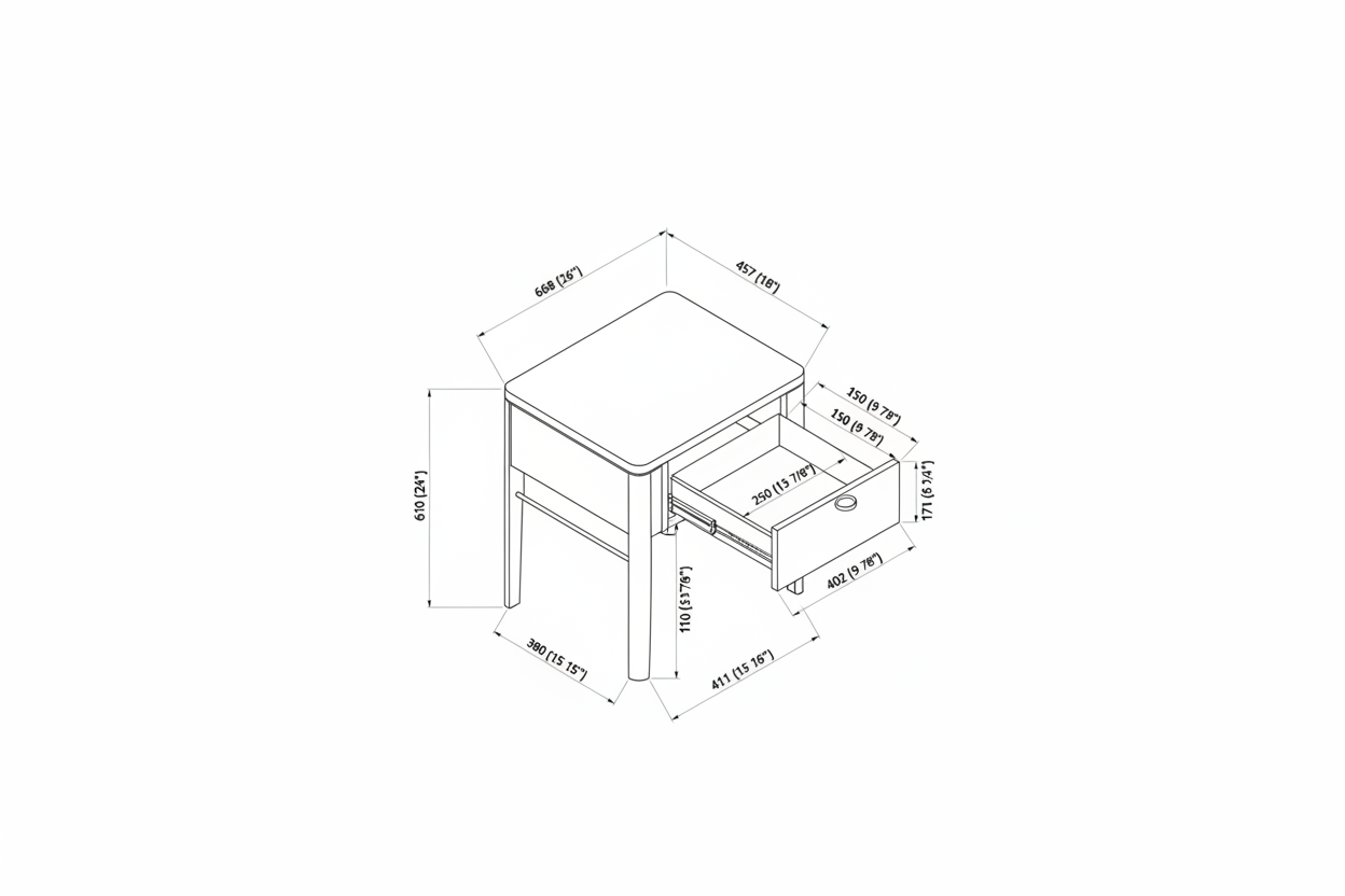 Technical drawing of the Surya Anello End Table, showing dimensions and an open drawer.