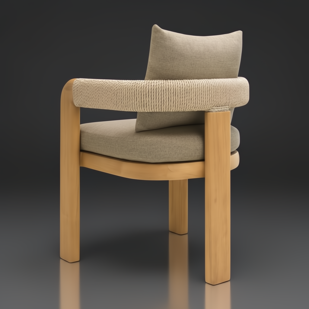 Surya Palma dining chair with taupe Sunbrella upholstery, teak wood frame, and woven rope armrests.