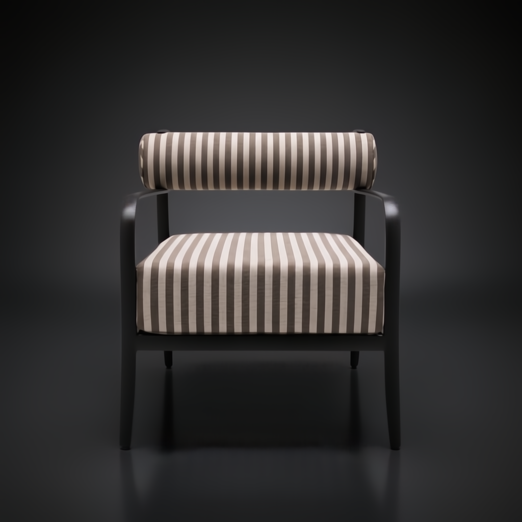 Surya Antibes accent chair with black aluminum frame and striped beige and brown Sunbrella cushions.