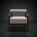 Surya Antibes accent chair with black aluminum frame and striped beige and brown Sunbrella cushions.