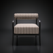 Surya Antibes accent chair with black aluminum frame and striped beige and brown Sunbrella cushions.