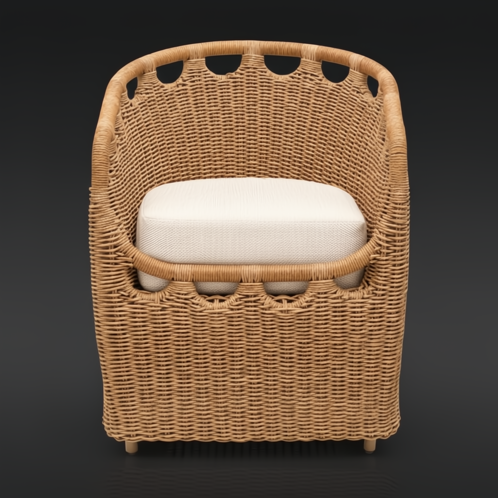 Surya Marvella indoor/outdoor dining chair with natural woven rattan and a light Sunbrella cushion.