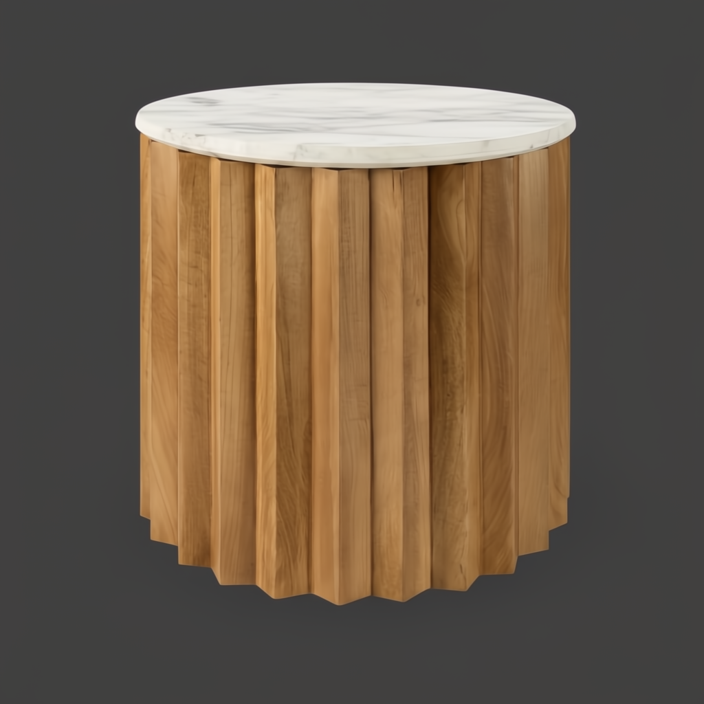 Surya Piestra end table with white marble top and brown zigzag fluted mango wood base.