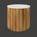 Surya Piestra end table with white marble top and brown zigzag fluted mango wood base.