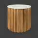 Surya Piestra end table with white marble top and brown zigzag fluted mango wood base.