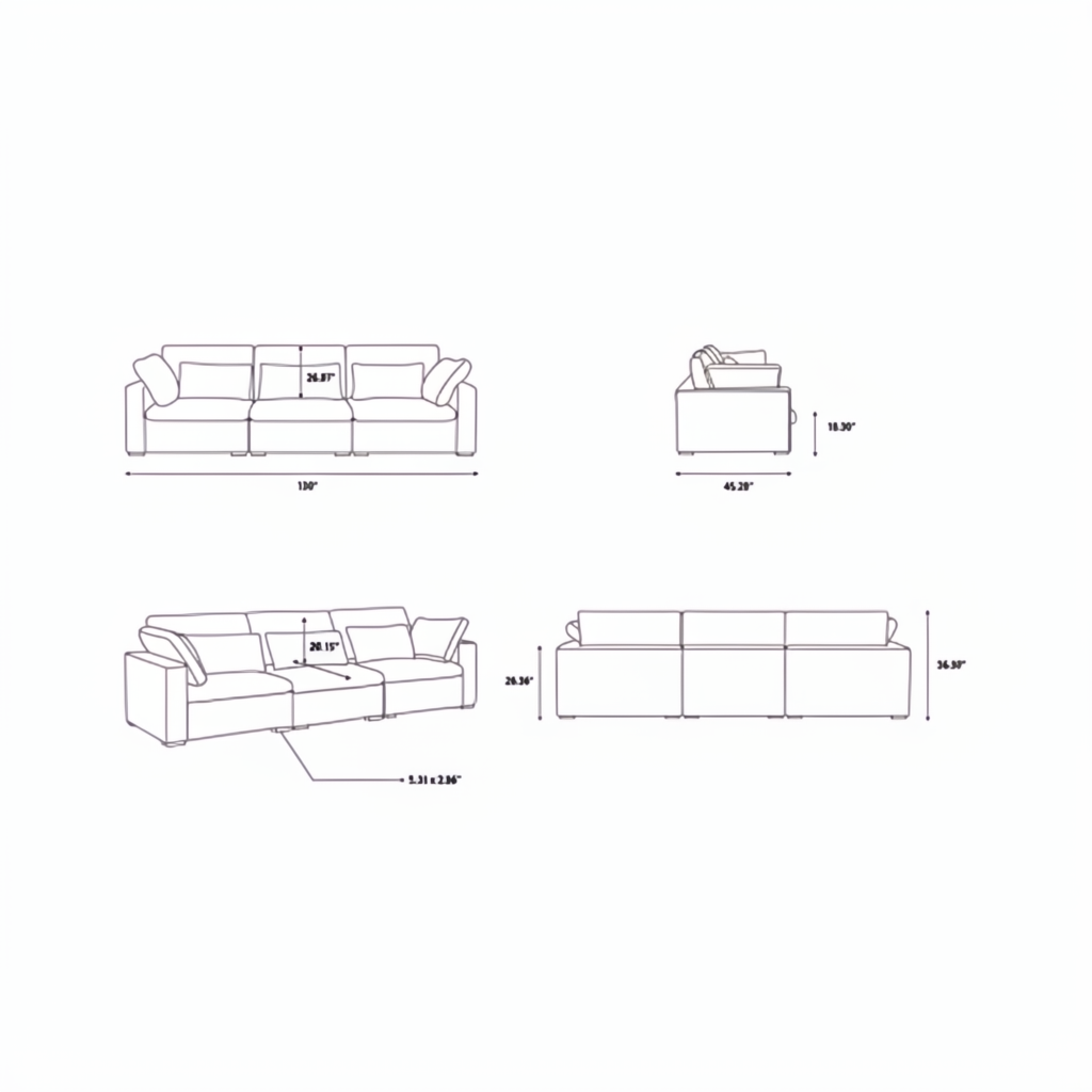 Line drawing of the Surya Avington Slipcover Sofa, showing front, side, and top views with dimensions.