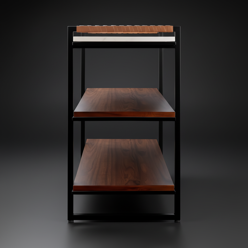Surya Novelle Bookcase with white marble top, metallic bronze iron, stained acacia shelves, and leather handles.