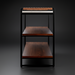 Surya Novelle Bookcase with white marble top, metallic bronze iron, stained acacia shelves, and leather handles.